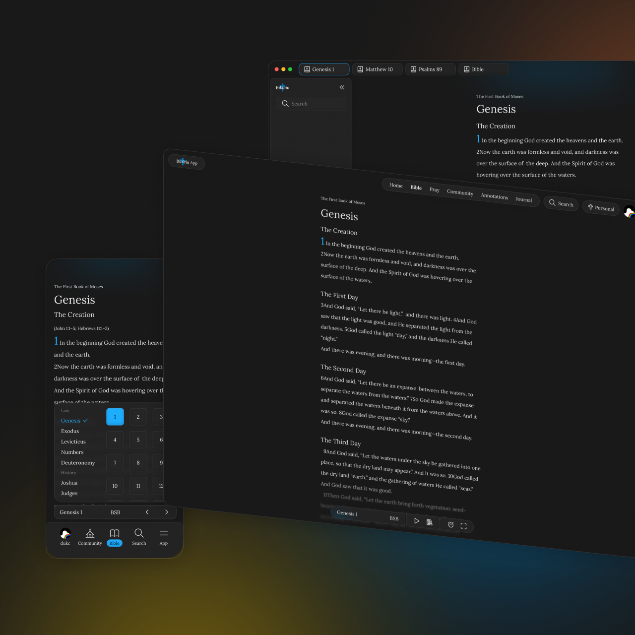 Picture showcasing bibleio web, desktop, and mobile apps